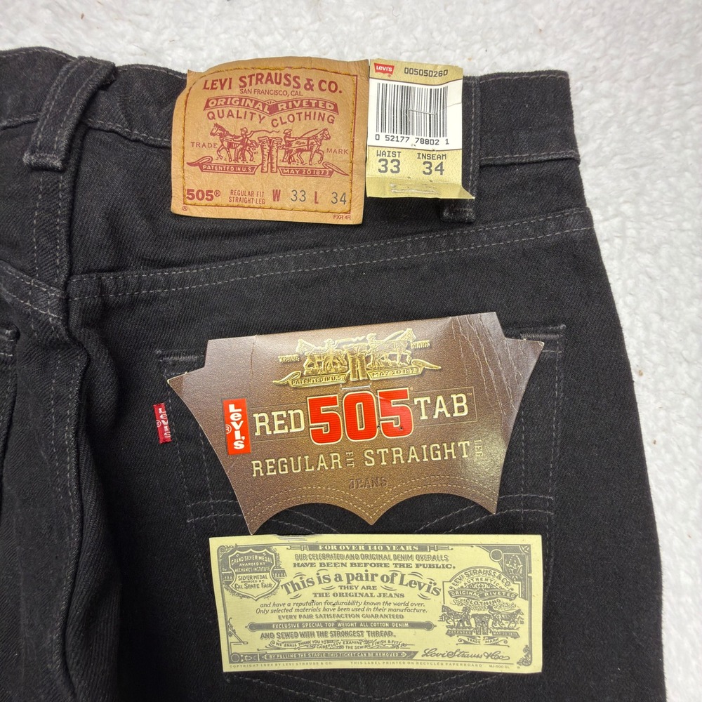 Vintage Levis 505 Regular Fit Jeans Mens 33x34 Black Straight‎ Leg USA NWT